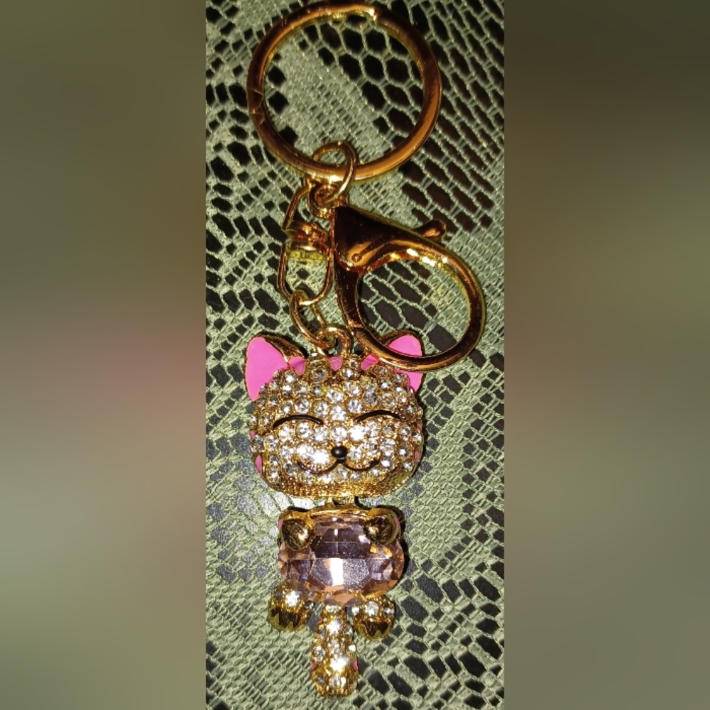 NWT Gold and Pink Cat With White Rhinestone Keychain Or Bag Charm. 4" L.
